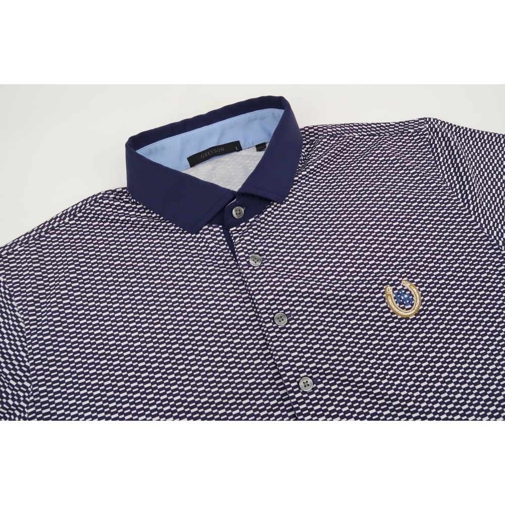 Greyson Mens Large Navy Check Geometric Golf Performance Polo Shirt Short Sleeve